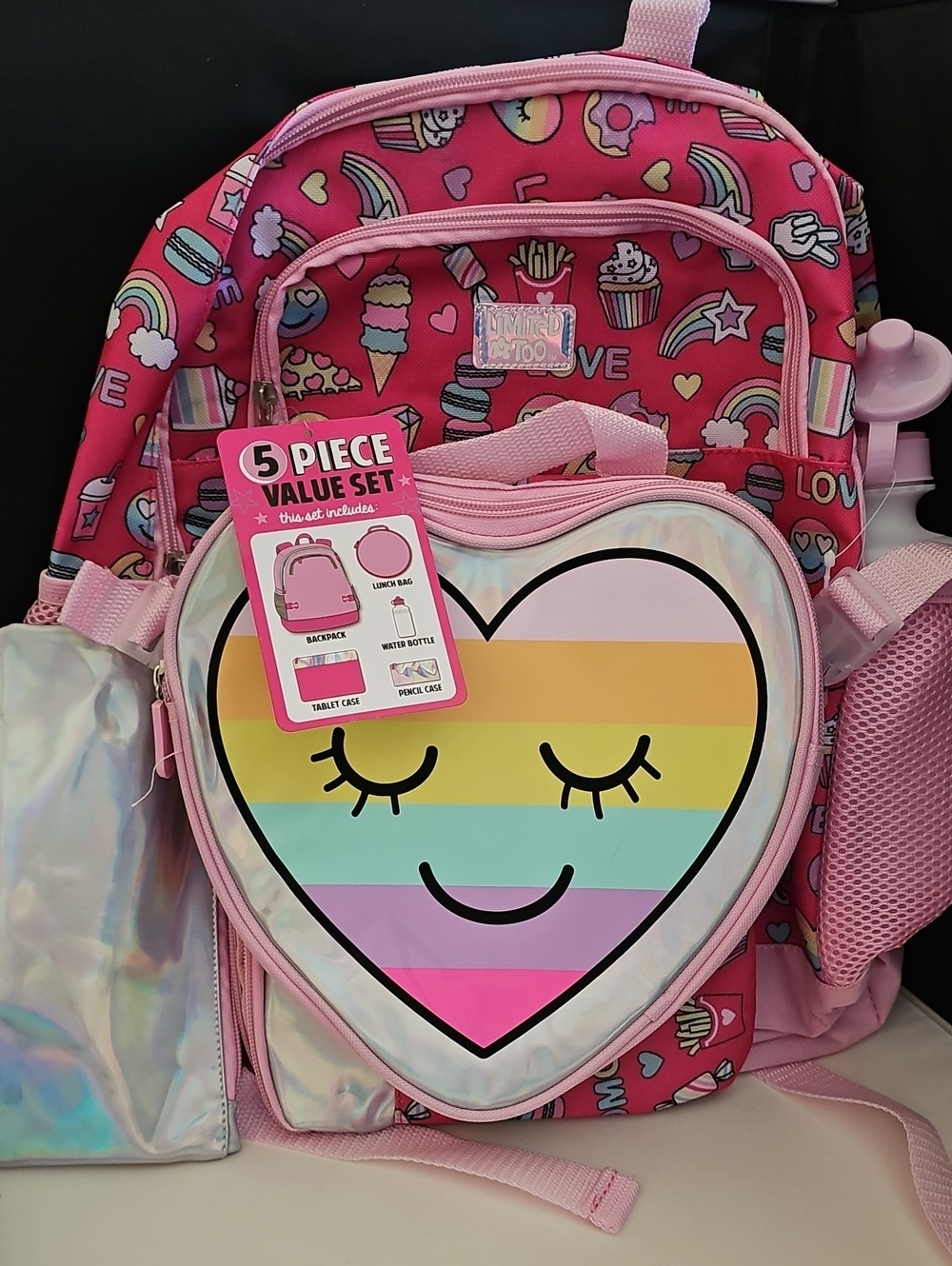 Limited Too Pink Rainbow Heart 5 Piece Backpack School Set NWT